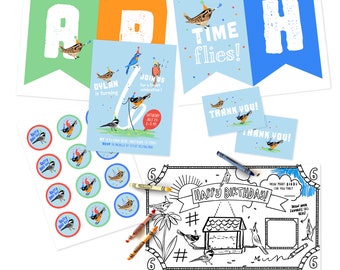 May include: A set of printable party decorations for a bird-themed birthday party. The set includes banners, invitations, thank you cards, stickers, and a coloring page. The decorations feature a blue, green, and orange color scheme with illustrations of birds wearing party hats.