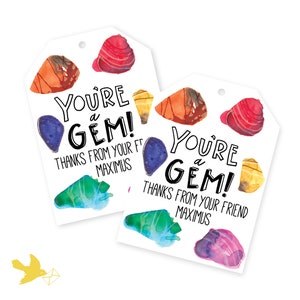 Puede incluir: Dos etiquetas de regalo coloridas con piedras preciosas pintadas con acuarela. El texto en las etiquetas dice "You're a Gem! Thanks from your friend Maximus".