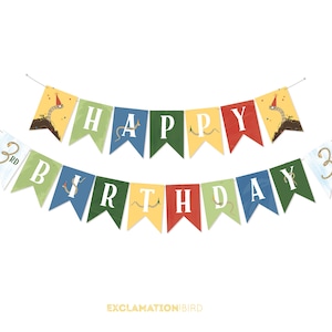 May include: A colorful banner with the words "Happy 3rd Birthday" in a whimsical font. The banner is decorated with illustrations of a worm wearing a party hat and a snake.