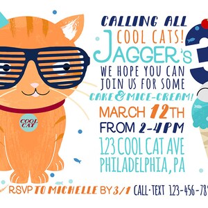 Pu&ograve; includere: Un invito di compleanno per un bambino di nome Jagger che compie tre anni. L'invito presenta un gatto arancione dei cartoni animati con occhiali da sole e un cappello da festa. Il testo recita "Calling all cool cats! Jagger's 3. We hope you can join us for some cake & mice-cream! March 12th from 2-4pm. 123 Cool Cat Ave Philadelphia, PA. RSVP to Michelle by 3/1 Call-Text 123-456-7890."
