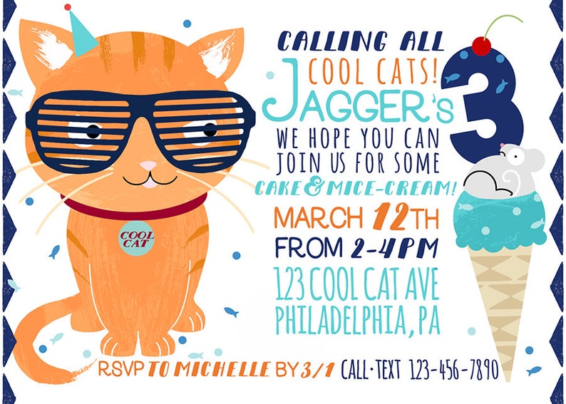 Pu&ograve; includere: Un invito di compleanno per un bambino di nome Jagger che compie tre anni. L'invito presenta un gatto arancione dei cartoni animati con occhiali da sole e un cappello da festa. Il testo recita "Calling all cool cats! Jagger's 3. We hope you can join us for some cake & mice-cream! March 12th from 2-4pm. 123 Cool Cat Ave Philadelphia, PA. RSVP to Michelle by 3/1 Call-Text 123-456-7890."