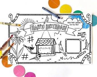 Bird Birthday Party Printable, Bird Birthday Coloring Placemat, Bird Party Printable Placemat, Song Bird Coloring page, Age 9 Coloring Page