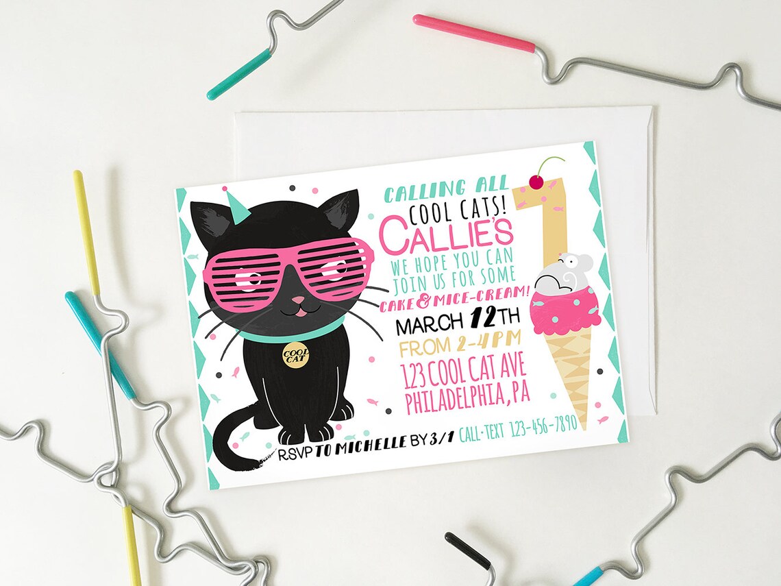 Cat Birthday Invitation Printable Cat Party Invite Cool - Etsy
