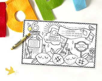 Lemonade Stand Birthday Party Coloring Placemat, Lemonade Printable Placemat, Age 6 Lemonade Coloring Page