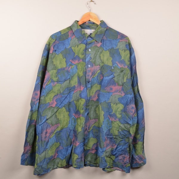 Vintage Green/Blue pure silk 90s Shirt Long Sleeve XXL, art blouse 80s, 90's plain shirt, 90's blouse, short sleeve, button up shirt