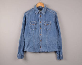 vintage guess denim blouse, guess jeans denims shirt, guess by marciano, oversized denim blouse, button up shirt, japan style
