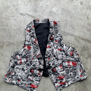 Vintage 80s print Gilet Black and White| vest, vintage baroque 80s vest, funky 80s vest, sleeveless jacket, oversized vest, 80s vest red