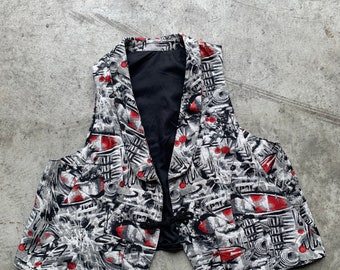 Vintage 80s print Gilet Black and White| vest, vintage baroque 80s vest, funky 80s vest, sleeveless jacket, oversized vest, 80s vest red
