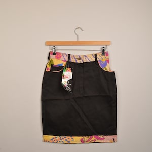 vintage 90s print skirt, deadstock, tropical print, jungle print, vintage print skirt, denim skirt, midi skirt, retro print skirt