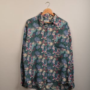 vintage navy print blouse, print blouse,vintage crazy pattern 90's shirt, 90's blouse,picasso style,button down shirt, unisex blouse