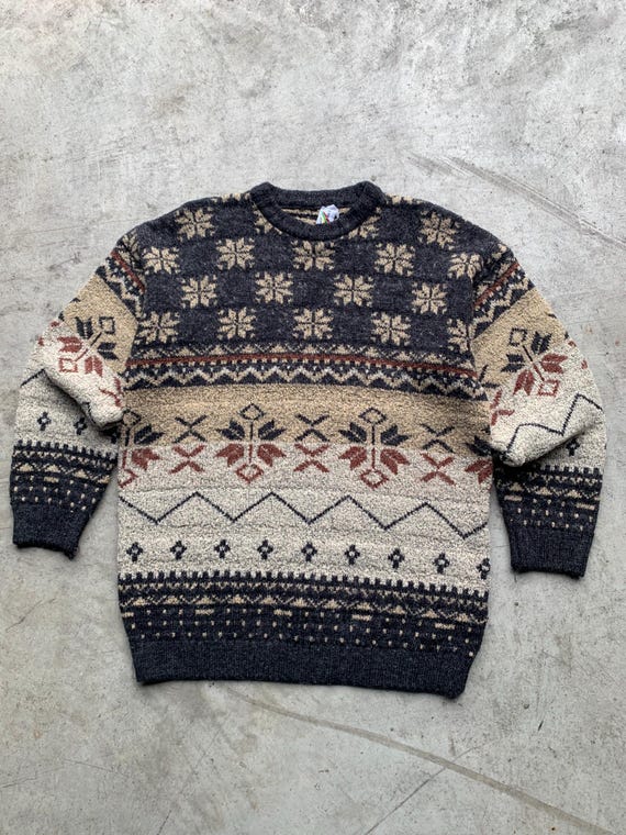 Vintage 80 s Vogue Beige Printed Geometric Jumper Size XXL Crazy Pattern Art Sweater Chunky Knit Long Sleeve Top Scandinavian Knitwear Etsy Canada