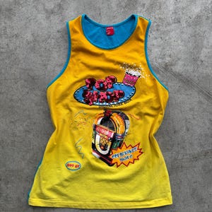 Vintage Y2K Phard Tank Top Size L | Yellow Pop Shop Graphic Tee with Sequins | 2000s Retro Jukebox Singlet | Funky Kitsch Aesthetic Shirt