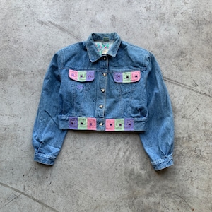 Vintage 90&#39;s Cropped Oversized Denim Jean Jacket Size L | vintage blue denim jacket longsleeve vintage unisex denim jacket