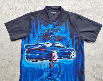 Y2K New Roads Blue Flame Dragon & Car Anime Blouse Size L | Long