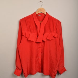 vintage red ruffle blouse, red blouse, vintage crazy pattern 90's shirt, 90's blouse,picasso style,button down shirt, spanish blouse