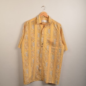 Vintage yellow short sleeve blouse, yellow blouse,vintage crazy pattern 90's shirt, roses print, 90's blouse,picasso style,button down shirt