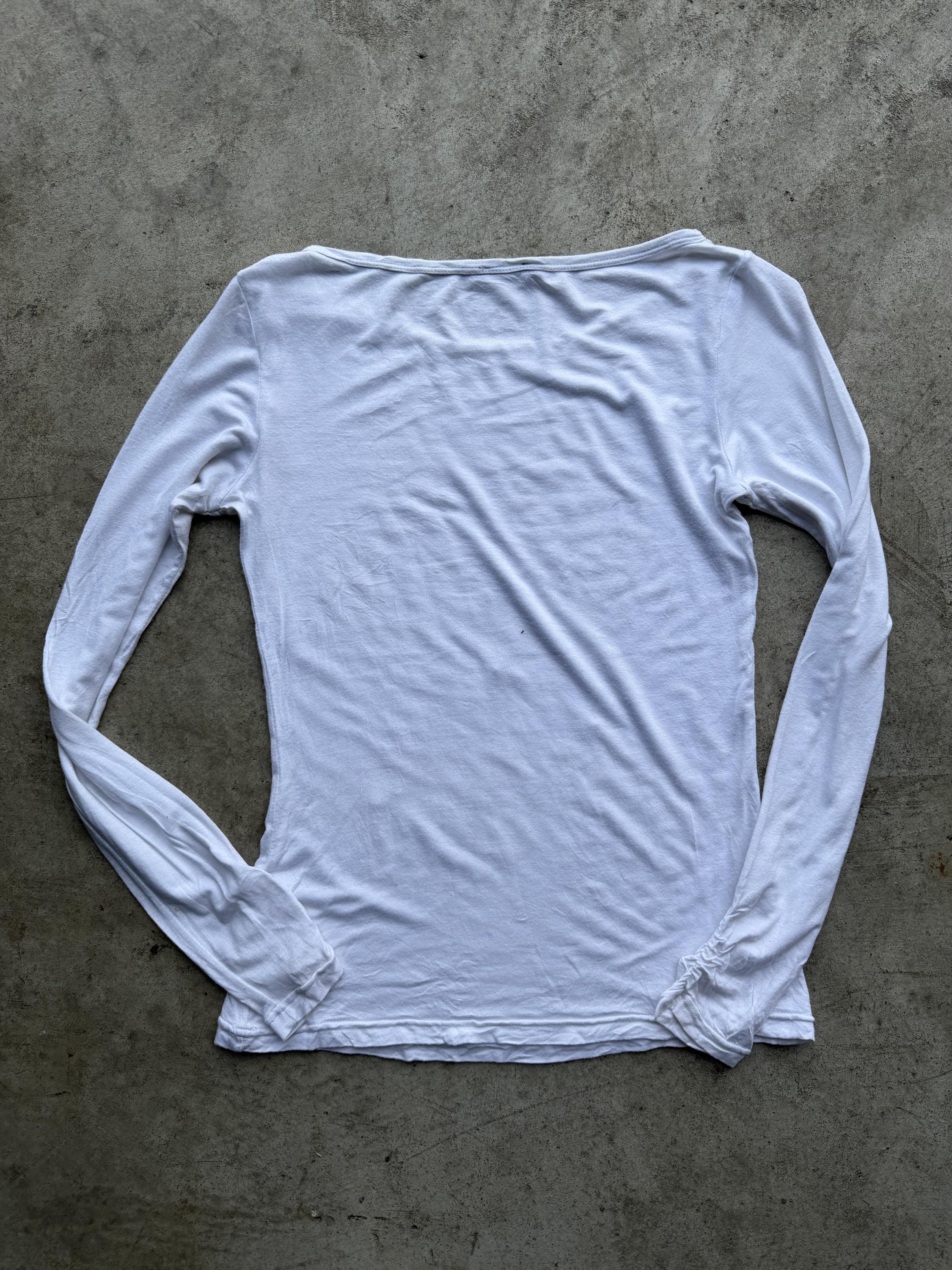Y2K White Graphic Long Sleeve Top, Vintage 2000s Sequin Long