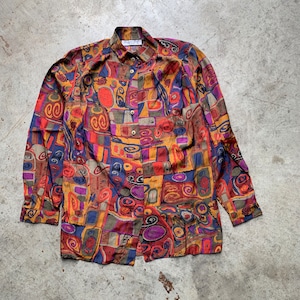 Vintage Brigitte Both Crazy Pattern Long Sleeve Shirt Size 38 | vintage crazy pattern picasso style 90&#39;s button down shirt paint art shirt