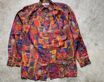 Vintage Brigitte Both Crazy Pattern Long Sleeve Shirt Size 38 | vintage crazy pattern picasso style 90's button down shirt paint art shirt