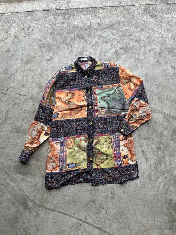 Vintage Oversized Crazy Pattern 90s Silk Long Sleeve Shirt | vintage crazy pattern picasso style 90's shirt button down shirt paint art