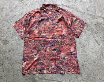 Vintage Crazy Pattern 90s Silk Short Sleeve Shirt Size M | vintage crazy pattern picasso style 90's shirt button down shirt paint art shirt