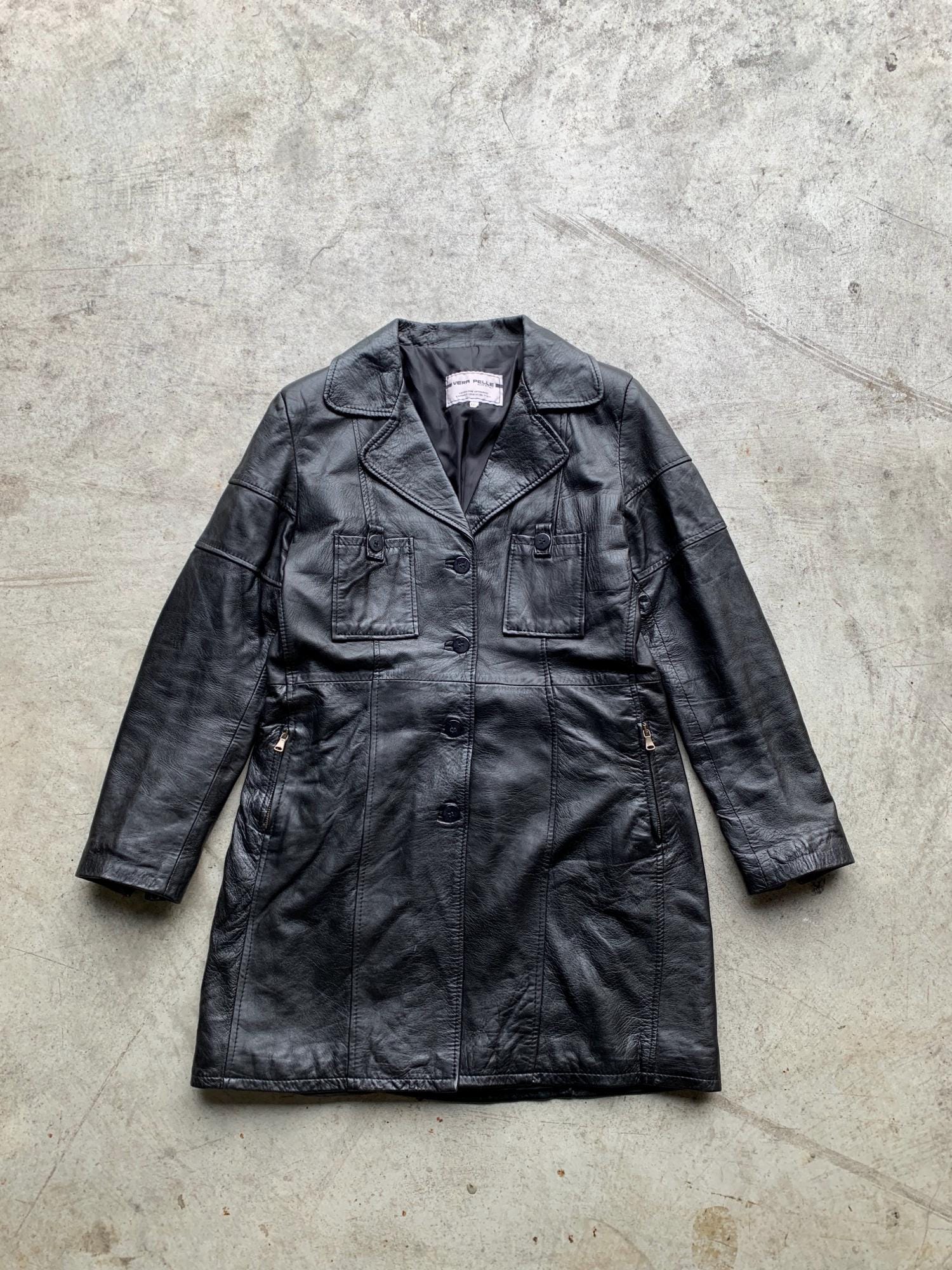 ヴィンテージ Vera Pelle ブラック ロング イタリアン レザー トレンチ