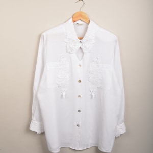 vintage white bohemian look blouse, white blouse, vintage crazy pattern 90&#39;s shirt, 90&#39;s blouse,picasso style,button down shirt