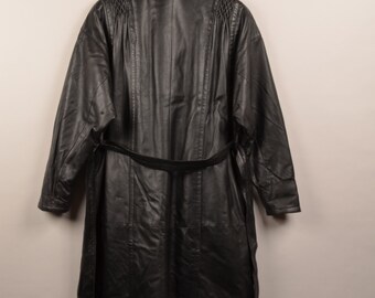 Black Leather Vintage Maxi Women Coat Size 40 |90s Black