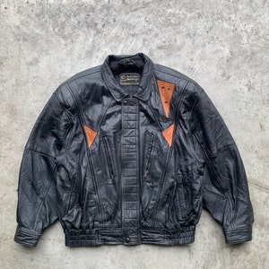 vintage Deri Sarayi Veste bomber en cuir noir Orange Triangle Taille 56 | veste vtg des années 80, cuir noir, manteau bombardier, veste en cuir sur mesure,