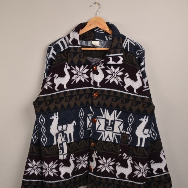 cardigan de lama en laine vintage, cardigan de Noël, veste d’hiver, imprimé aztèque des années 90, imprimé amérindien, vêtements autochtones, cardigan extérieur