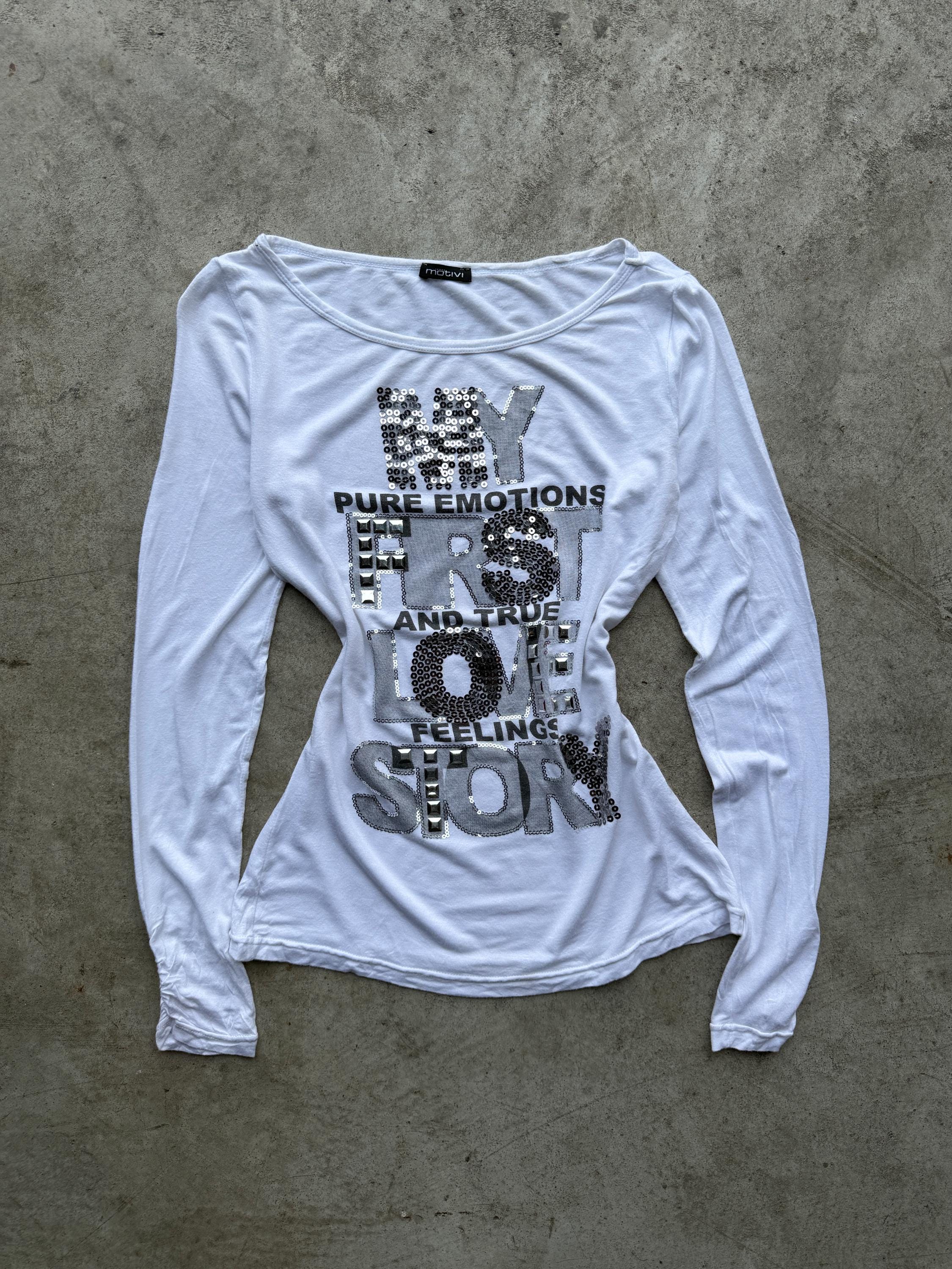 Y2K White Graphic Long Sleeve Top, Vintage 2000s Sequin Long