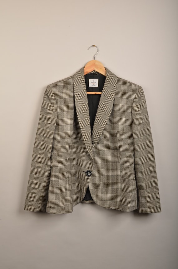 Vintage checked black white tartan blazer, vintage coat,tartan , gold buttons blazer, 90s blazer, tartan coat, checkered blazer
