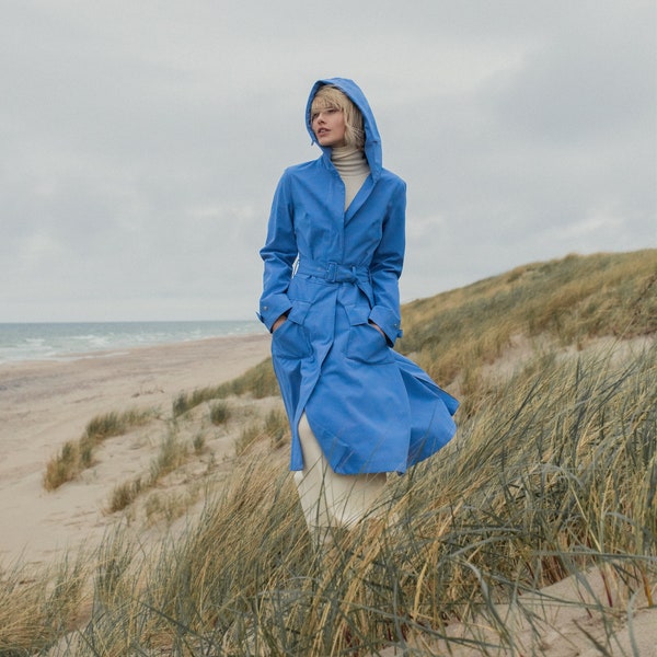 Upcycled Women's Blue Flare Raincoat - Eco-Friendly Outerwear