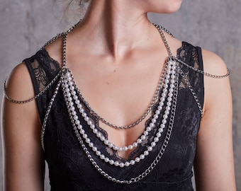 Wedding Gift - Body Chain, One | Elegant Stainless Steel Statement Body Chain Pearls Adjustable Evening Wear Black Dress Accessory valentine