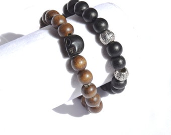 Men's Wood Bead Stretch Bracelet, One | Brown or Black Wooden Beads with Silver Alloy Beads or stone Skull valentine