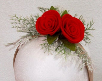 Valentine Romantic Rose Fascinator by Karen Steinkraus, Headband Fascinator, Snowy Cedar Branches w/ Red Felt Roses, Holiday Office Party