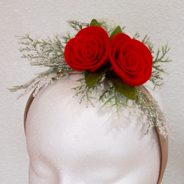 Valentine Romantic Rose Fascinator by Karen Steinkraus, Headband Fascinator, Snowy Cedar Branches w/ Red Felt Roses, Holiday Office Party