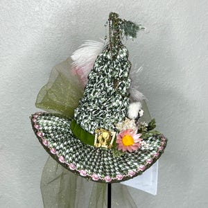 May include: A decorative witch hat with a green and white houndstooth pattern brim, a green velvet band, and a cone-shaped crown. The crown is green and white with decorative feathers, flowers, and a gold-colored emblem. A pink flower and green tulle complete the design.