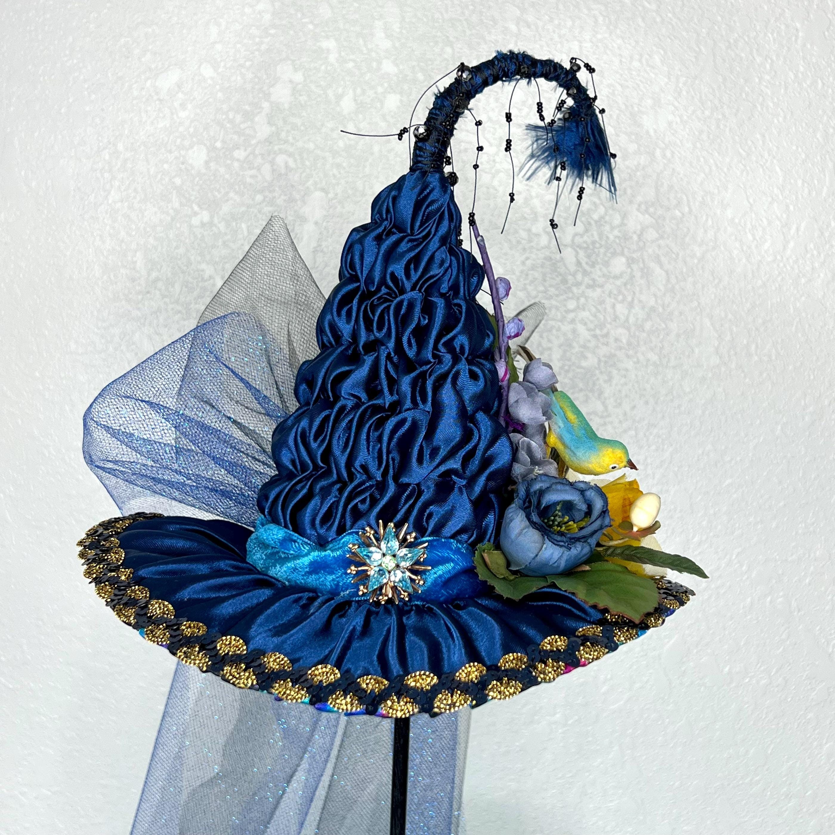 Mini Victorian Witch Hat Fascinator by Karen Steinkraus,  Midnight Blue Fascinator, Vintage Millinery, Peacock Feathers, Vintage Bird