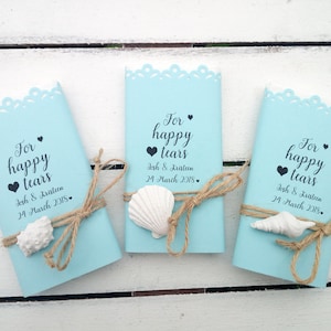 Happy tears tissue pack, Blue custom tears of joy packs, Wedding on the beach handkerchief, Personalized marriage wedding favor, Hankerchief