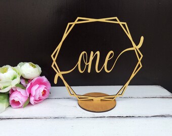 Wedding table number, Hexagon table name, Gold table numbers Table decoration Numbers with base Wood table numbers