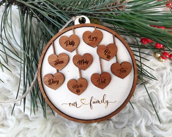 Family Christmas Ornament, Round Custom wooden Xmas decor with member names and hearts, Personalized Christmas tree Ornament, Wood ornament