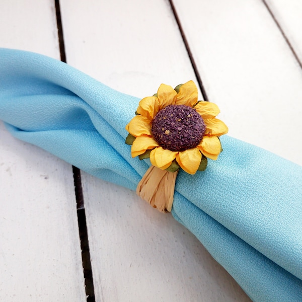 Sunflower napkin ring holder, Rustic wedding table decor, Cocktail Table Decor, Raffia and paper flower party decor, Table Centerpieces