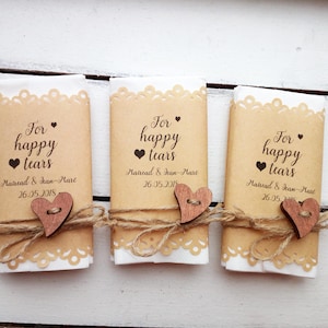 Bomboniere lacrime felici, Confezioni di lacrime di gioia personalizzate, Pacchetto di tessuti per lacrime felici per matrimoni rustici, Tessuto per cerimonia nuziale personalizzato, Cuore