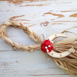 Chair hangers, Wedding aisle chair decor, Wedding pew decor, Raffia chair hangers, Rustic horseshoe pew bows, Barn wedding, Cowboy wedding