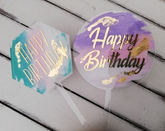 Acrylic cake topper, Personalized cake decoration, Hand painted Happy Birthday age cake topper, Custom, Personalised, Gold, Silver