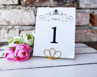 Two hearts table number holder, Menu stand, Number card holder, Boho wedding table decor, Reception event decor, Gold, Silver, Black