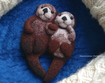 Sea Otters Holding hands felted brooch Felt animal Needle Felting Jewelry Needle Felted Brooch Sea Otter birthday gift  Felt Brooch Love