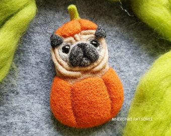 Broche de calabaza de Halloween con forma de perro de carlino, de fieltro con aguja, figura de perro de lana para mascota, joyería, broche de cachorro de fieltro con aguja, bonito broche de regalo, broche de carlino