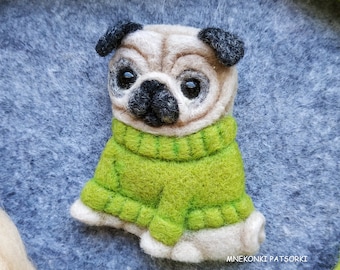 Pug Felt Brooch Pug Needle Felting Dog Wool pet figurine Jewelry Needle Felted Brooch Puppy Felted Cute Gift Handmade Brooch Pug pin